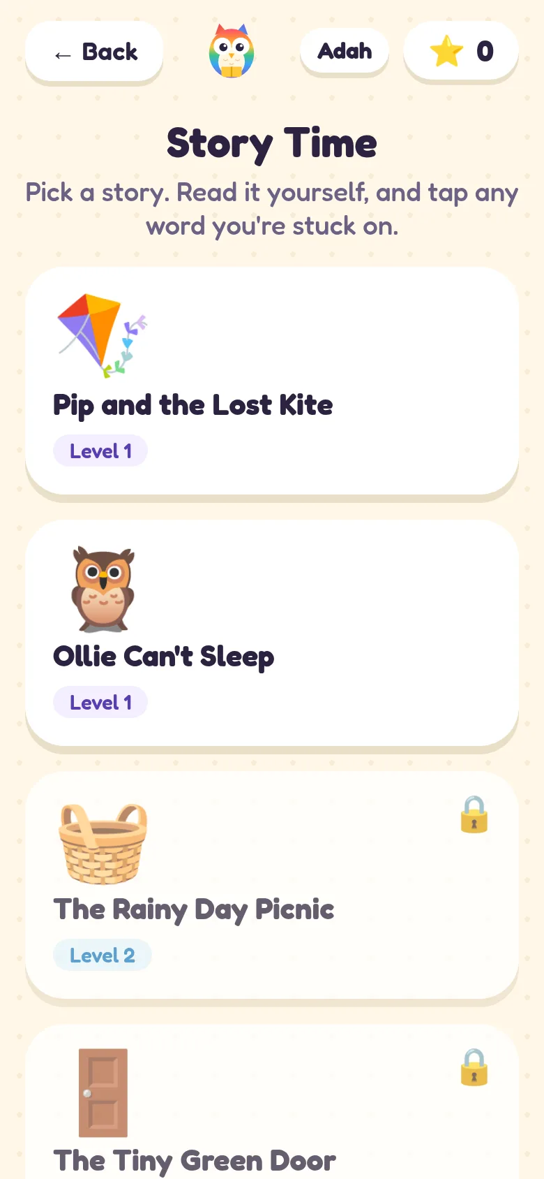 Story Time, a library of short stories such as Pip and the Lost Kite