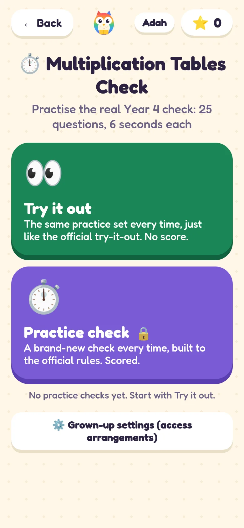 The practice Multiplication Tables Check, with Try it out and Practice check options